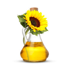 Wall Mural - Cooking oil in glass jug and bright sunflower isolated on white