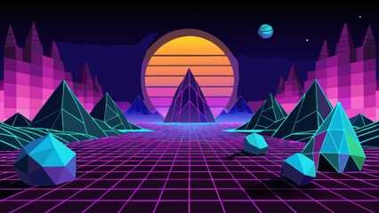 Wall Mural - Retro Futuristic   s Synthwave Landscape with Neon Lights and Geometric Shapes