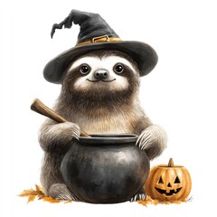 A sloth with a witch's cauldron, Halloween theme, dark and magical, isolated on white background