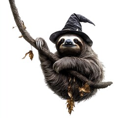 A spooky sloth hanging from a branch, Halloween theme, wearing a witch hat, dark tones, isolated on white background