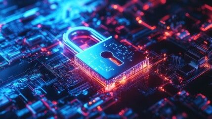 Poster - A digital padlock symbolizing cybersecurity, set against a futuristic technology and computer background, ensuring data protection.