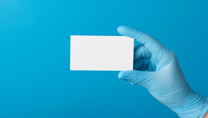 Hand in blue medical glove holding blank white card. Empty template. Blue backdrop. Mock-up.