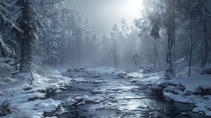 Canvas Print - Winter Wonderland: Snowy Forest with River