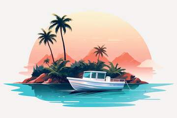 Poster - Tropical island boat sunset illustration