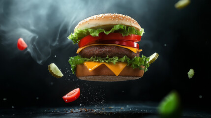 floating hamburger with meet cheese and tomato for digitalmarketing