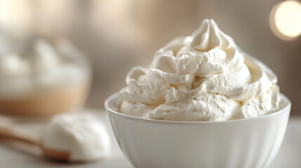 A generous scoop of whipped cream fills a white bowl, showcasing its fluffy texture and soft peaks