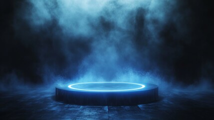 Poster - Futuristic glowing platform in mist, atmospheric stage. Sci-fi technology and innovation concept