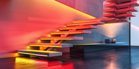 Wall Mural - Contemporary floating staircase with dynamic red and yellow RGB lighting, adding a bold flair.