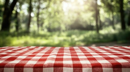 A classic red checkered picnic cloth spreads across an empty table, with a blurry natural background suggesting a tranquil outdoor setting.