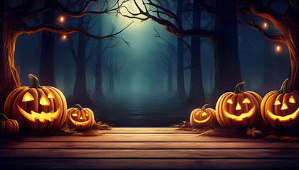 Wall Mural -  Halloween pumpkins on a wooden surface, set in a spooky forest at night for a festive and c_1(553)