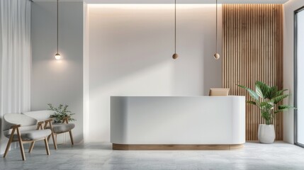 Poster - A white office with a large white desk and a potted plant