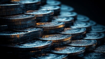 Poster - Close-up of multiple stacks of coins, illuminated with a combination of dark and light tones