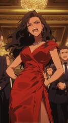 Wall Mural - Confident woman in a red dress stands defiantly in a formal setting, surrounded by men in suits, under chandeliers