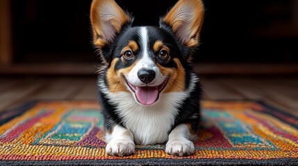 Corgi dog with large ears and a happy expression, lying on a colorful rug indoors