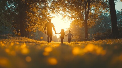 Wall Mural - Family of three walks hand in hand through a sunlit park, surrounded by trees and yellow flowers