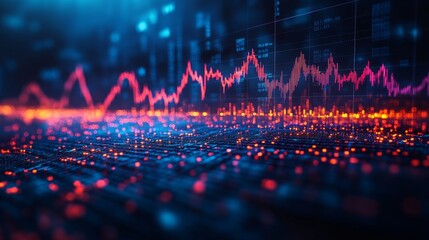 Futuristic digital landscape with glowing data points and fluctuating graph lines, possibly representing financial or data analytics