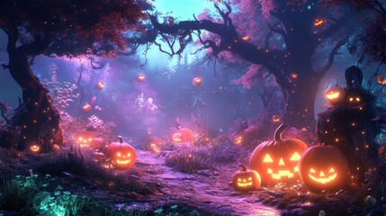 Enchanted Halloween Forest with Glowing Pumpkins