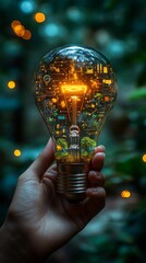 Hand holds a glowing light bulb featuring intricate digital circuits, symbols, and greenery, set against a softly lit background