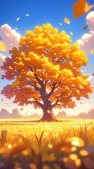 Sticker - Large tree with vibrant orange leaves stands in a sunlit field, surrounded by falling leaves and a bright sky