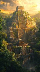 Poster - Large, ancient pyramid surrounded by a dense jungle, with people climbing its steps under a golden sunset