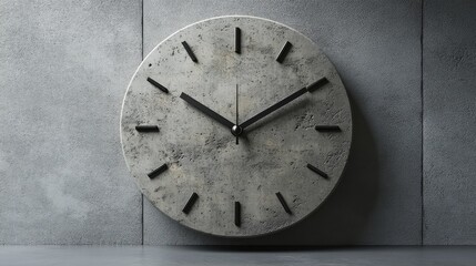 Large, round concrete wall clock with minimalist black hands and hour markers, set against a gray background