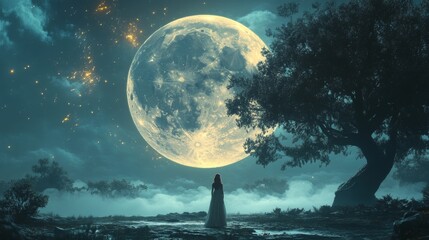 Wall Mural - Lone figure stands beneath a large, glowing moon, surrounded by trees and mist, observing the enchanting nighttime scenery