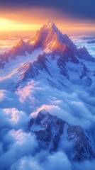 Sticker - Majestic, snow-capped mountain bathed in golden sunrise light towers above a blanket of clouds, creating a stunning, serene scene