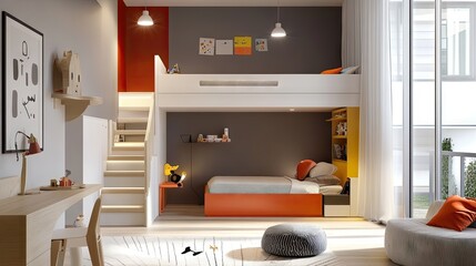 Wall Mural - A modern kid's bedroom with a loft bed, space-saving storage, and fun providing a playful yet organized space for sleep and play.