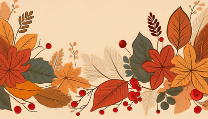  Hand-drawn banner with autumn leaves and berries, designed in a flat, retro color template _1(586)