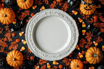  empty Halloween plate surrounded by small decorative pumpkins. festive, seasonal atmosphere. holiday and thanksgiving visuals.