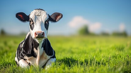 Adorable black and white calf lying in a lush green field under a clear blue sky, enjoying a sunny day.