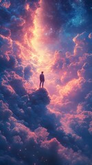 Wall Mural - Person stands on a cloud, surrounded by vibrant, ethereal clouds and a cosmic night sky glowing with stunning colors