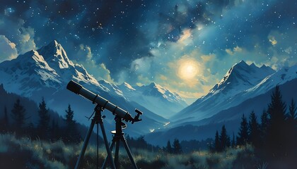 Cosmic Exploration with Telescope Beneath Moonlit Sky Highlighting Silhouetted Mountains and Trees