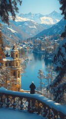 Wall Mural - Person stands on a snowy balcony overlooking a beautiful lake surrounded by snow-capped mountains and picturesque buildings on a sunny day