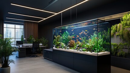 Poster - A modern office with a large aquarium featuring vivid fish and plants, enhanced by ambient lighting for a calming atmosphere.