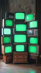 Poster - cinematic scene of 3d rendered old monitors with green screen, vertical for Instagram background reel video element smokey fog atmosphere lighting