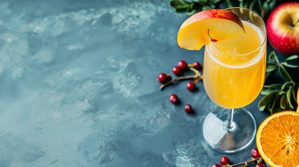 Apple Cider Mimosa, made of Champagne, Apple, Orange served in Champagne Flute glass