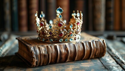 Crown on Antique Book Embodying Knowledge and Scholarly Power