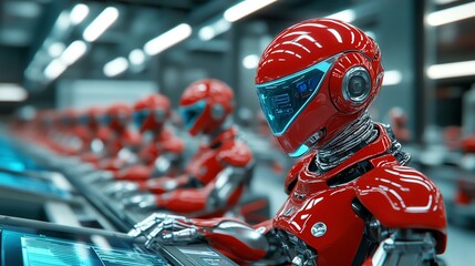 Poster - Robotic Assembly Line in a High-Tech Factory, showcasing advanced machinery, precision engineering, automated processes, streamlined production.
