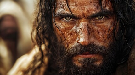 Wall Mural - Serious man with long hair and a beard, his face covered in dirt, stares intensely into the camera