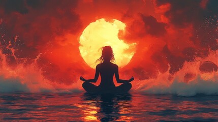 Wall Mural - Silhouette of a person meditating sits in water, framed by dramatic waves and a vibrant, fiery sunset in the background