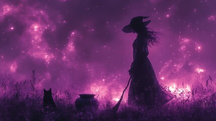 Wall Mural - Silhouette of a witch with a hat and broom stands near a pot and a cat, against a purple starry background