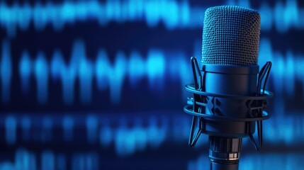 Wall Mural - Close-up of a professional microphone with a blue sound wave background.