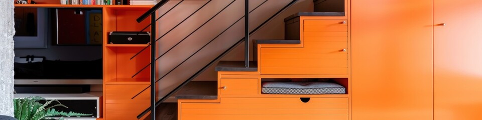 Bold tangerine Scandinavian stairs with integrated storage and sleek metal railings, creating a functional space