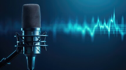 Wall Mural - A silver microphone with a pop filter in front of a blue background with a blue sound wave graphic.