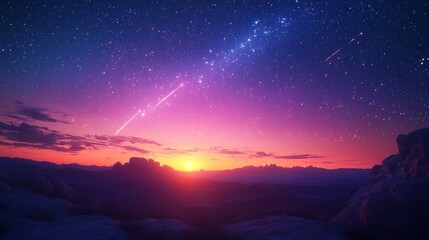 Wall Mural - Stunning sunset over a mountainous landscape beneath a starry sky with shooting stars and constellations