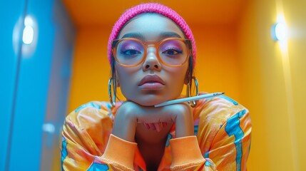 Wall Mural - Stylish person with bold makeup, wearing glasses and a pink beanie, holds a pencil in a colorful room