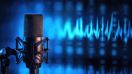 Wall Mural - A professional condenser microphone is capturing sound in a recording studio, with a blue and purple background with sound waves.