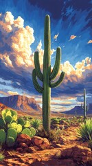 Wall Mural - Tall saguaro cactus stands amidst desert vegetation with dramatic clouds and mountains in the background under a vibrant sky