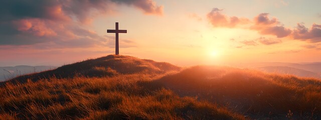 Wall Mural - A cross atop the hill with a beautiful sunrise in the background, an Easter-themed background with copy space for text